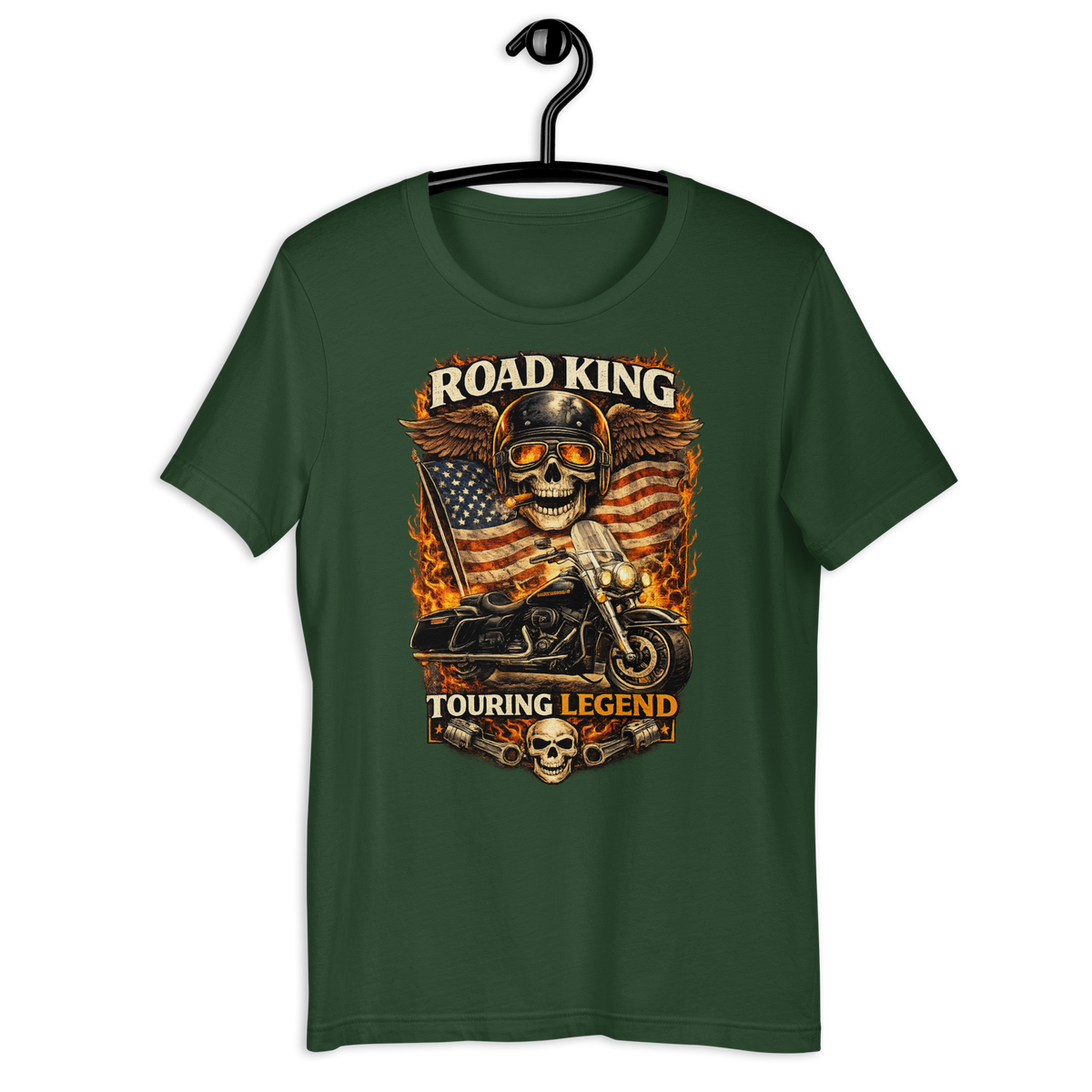 Road King Touring Legend American Flag Motorcycle Graphic Tee forest green t-shirt mockup