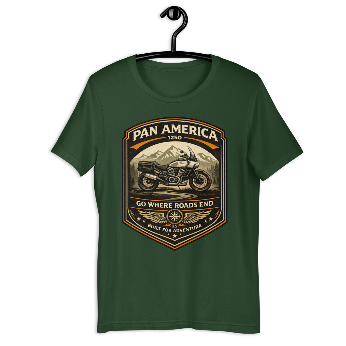 Pan America Go Where Roads End Adventure Motorcycle Graphic Tee forest green t-shirt mockup