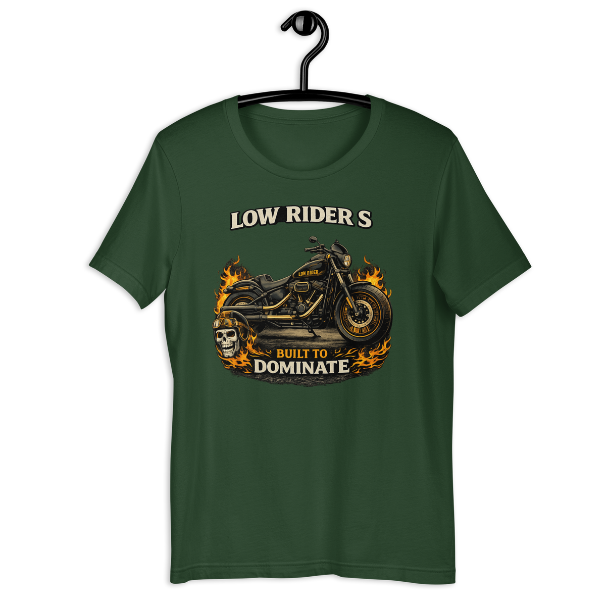 Low Rider S Built To Dominate Motorcycle Graphic Tee forest green t-shirt mockup