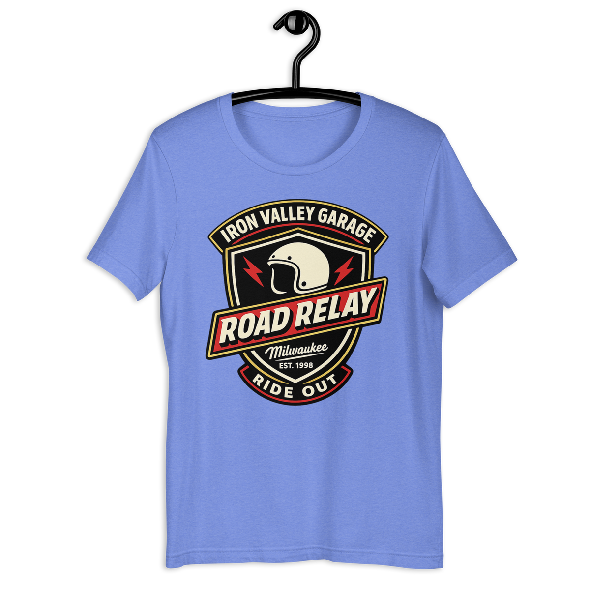Iron Valley Garage Road Relay Vintage Motorcycle Graphic Tee heather columbia blue t-shirt mockup
