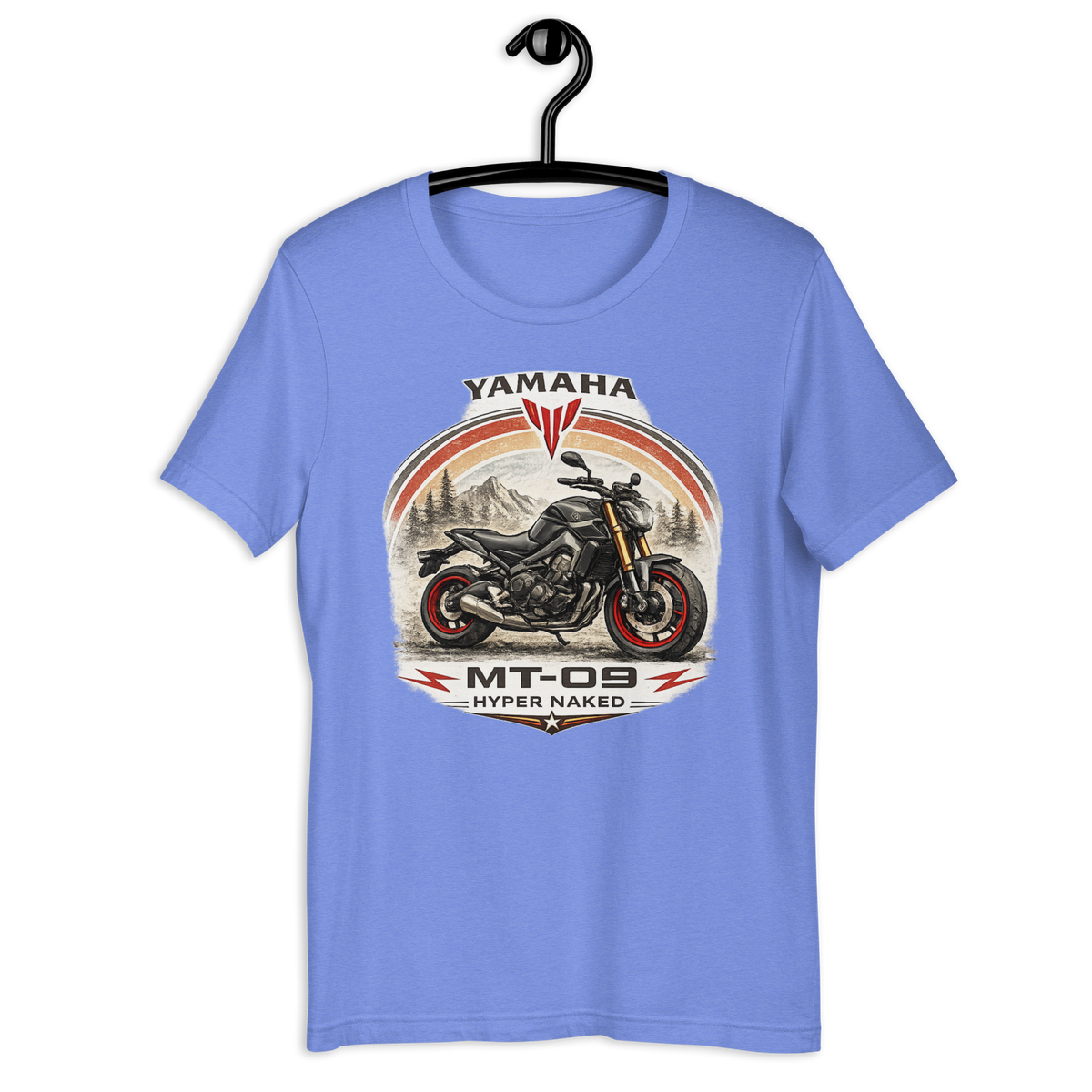 Yamaha MT-09 Hyper Naked Retro Motorcycle Graphic Tee heather columbia blue t-shirt mockup