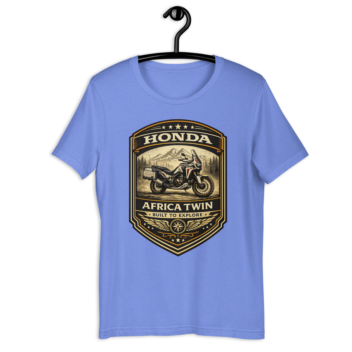 Honda Africa Twin Built For Discovery Vintage Motorcycle Graphic Tee heather columbia blue t-shirt mockup