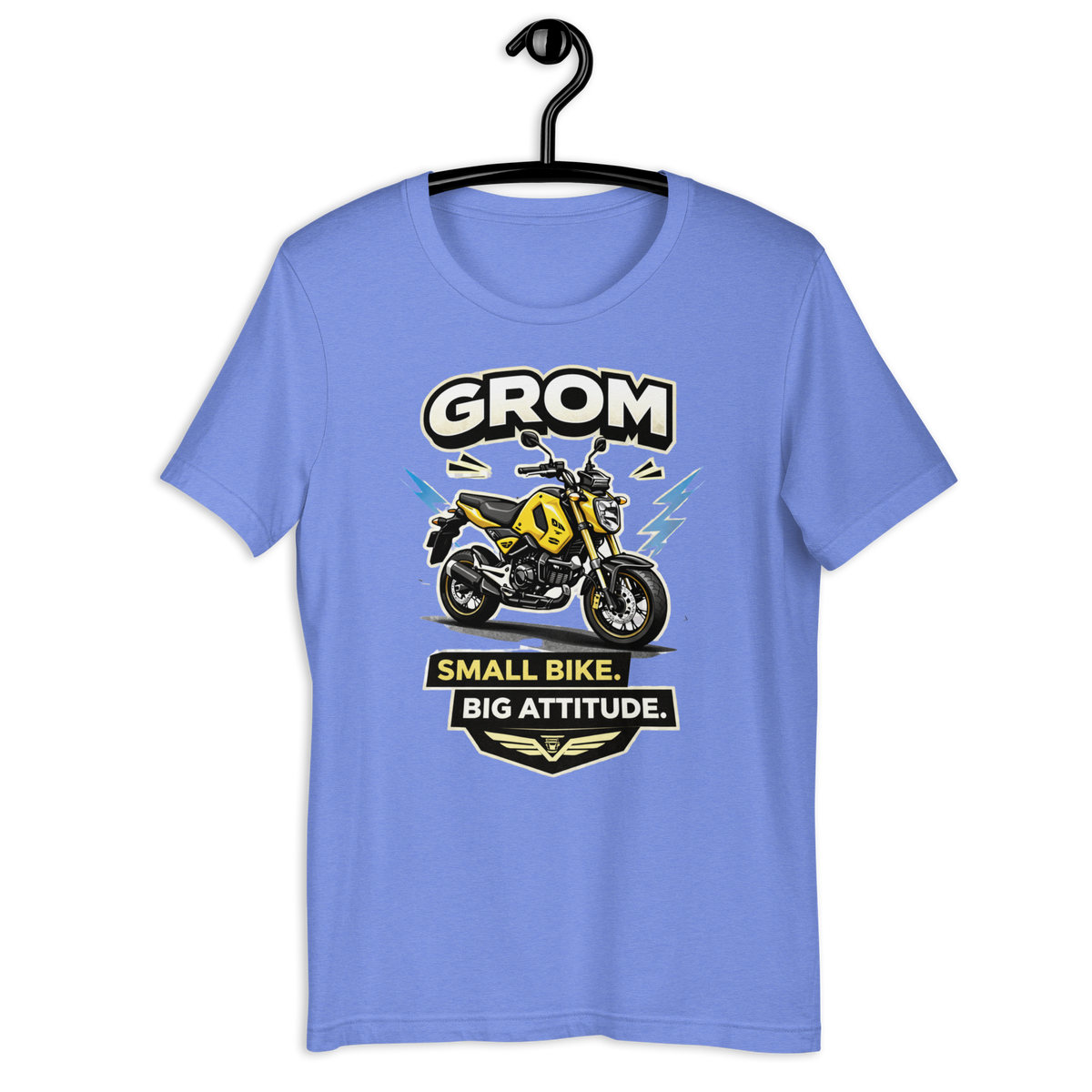 Grom Small Bike Big Attitude Funny Motorcycle Graphic Tee heather columbia blue t-shirt mockup