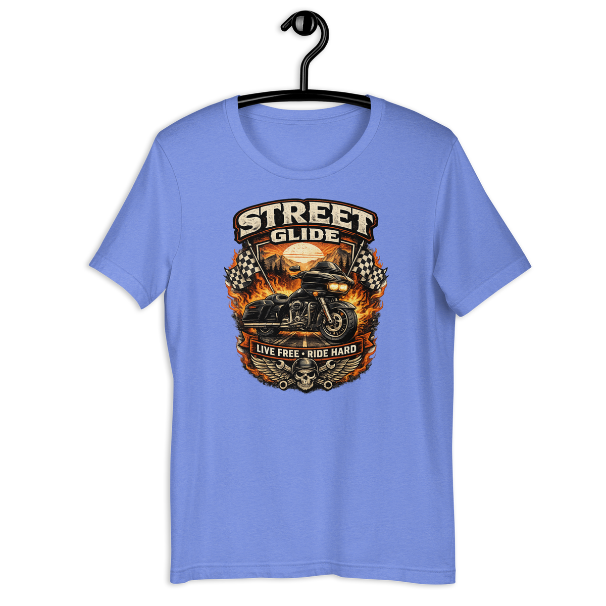 Street Glide Live Free Ride Hard Motorcycle Graphic Tee heather columbia blue t-shirt mockup