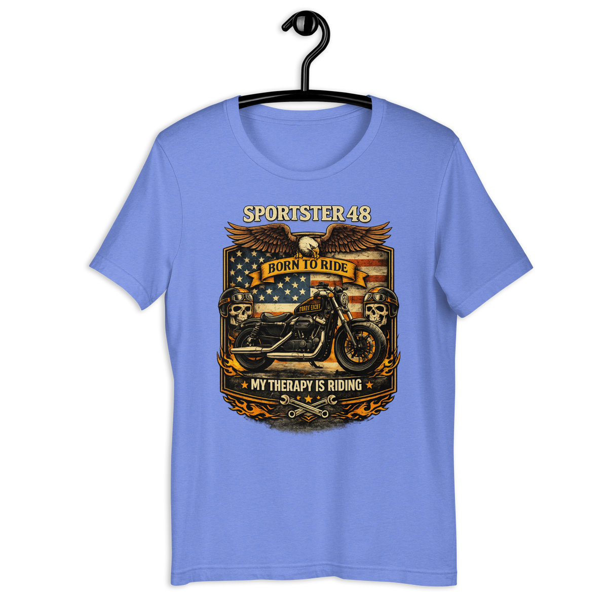 Sportster 48 Born To Ride My Therapy Is Riding Motorcycle Graphic Tee heather columbia blue t-shirt mockup