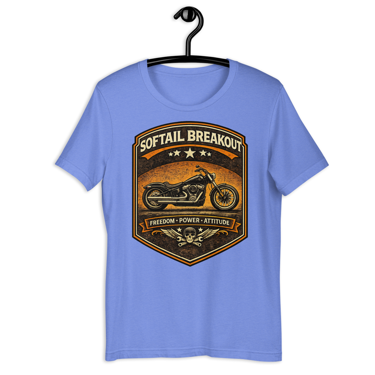 Softail Breakout Freedom Power Attitude Vintage Motorcycle Graphic Tee heather columbia blue t-shirt mockup