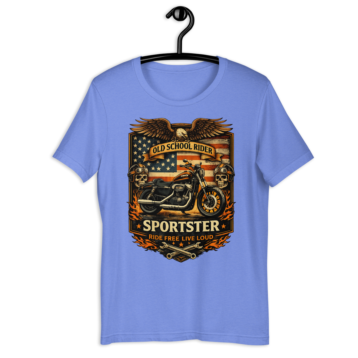 Old School Rider American Flag Motorcycle Graphic Tee heather columbia blue t-shirt mockup