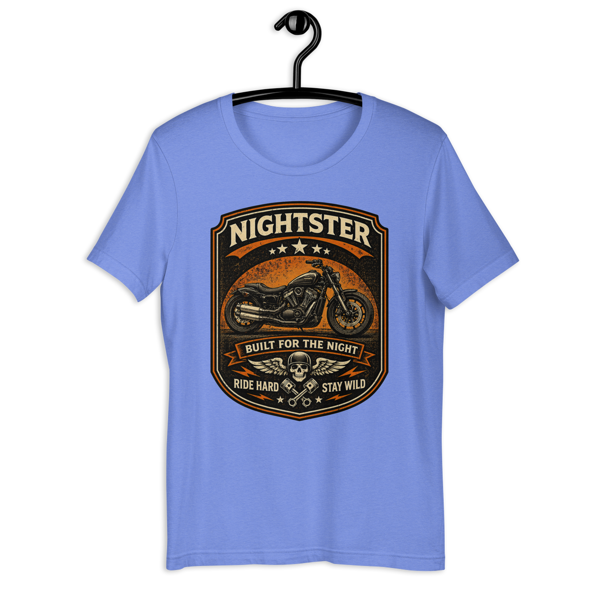 Nightster Built For The Night Ride Hard Stay Wild Motorcycle Graphic Tee heather columbia blue t-shirt mockup