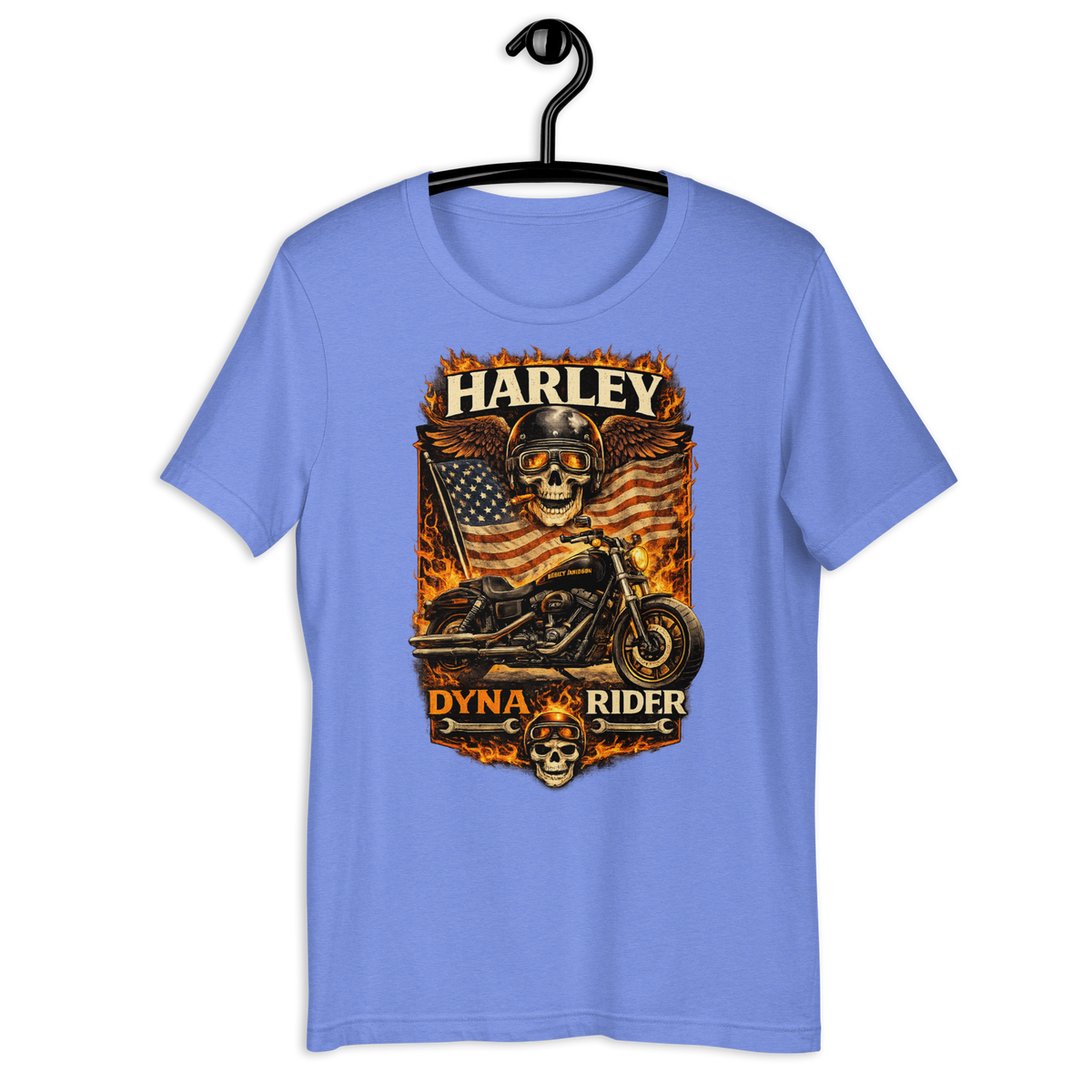 Dyna Rider American Flag Motorcycle Graphic Tee heather columbia blue t-shirt mockup