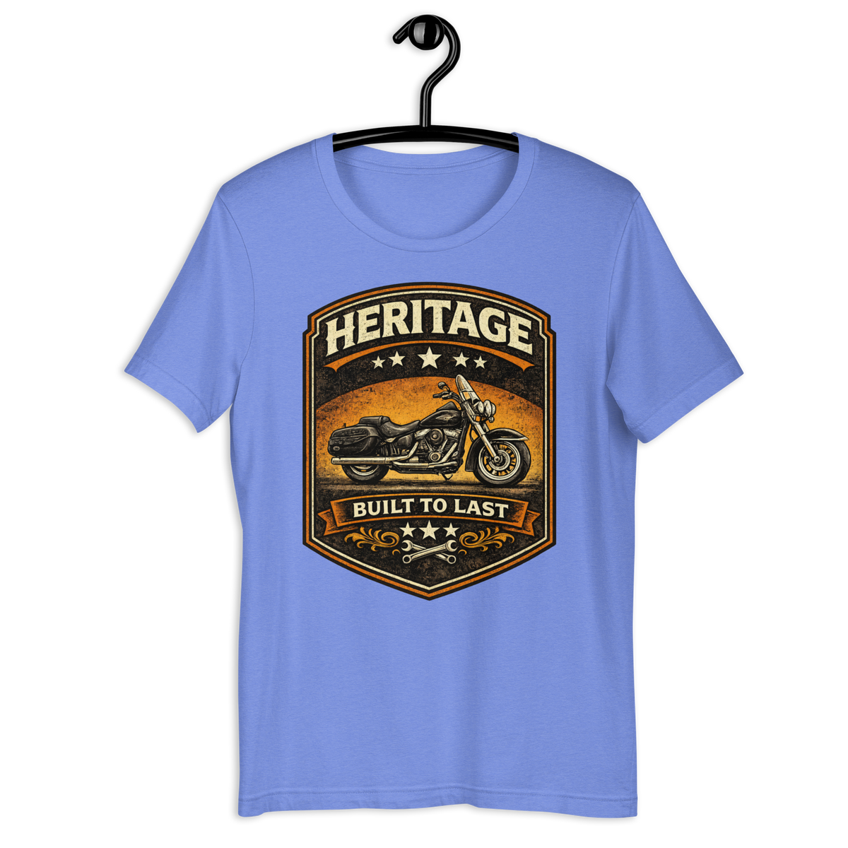 Heritage Built To Last Vintage Motorcycle Graphic Tee heather columbia blue t-shirt mockup