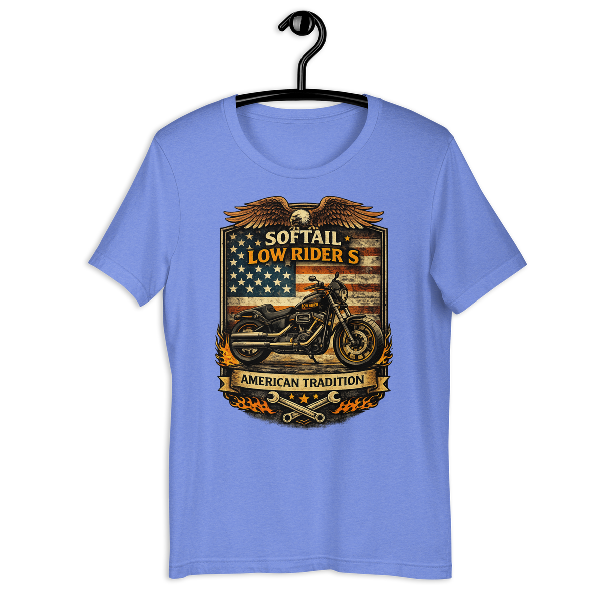 Softail Low Rider S American Tradition Patriotic Motorcycle Graphic Tee heather columbia blue t-shirt mockup
