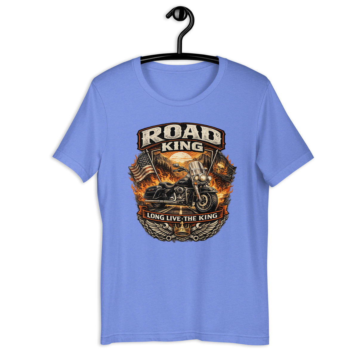 Road King Long Live The King Vintage Motorcycle Graphic Tee heather columbia blue t-shirt mockup