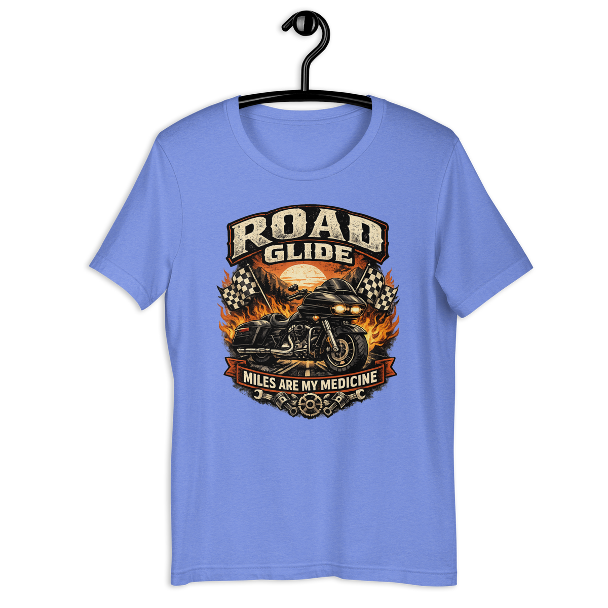 Road Glide Miles Are My Medicine Vintage Motorcycle Graphic Tee heather columbia blue t-shirt mockup