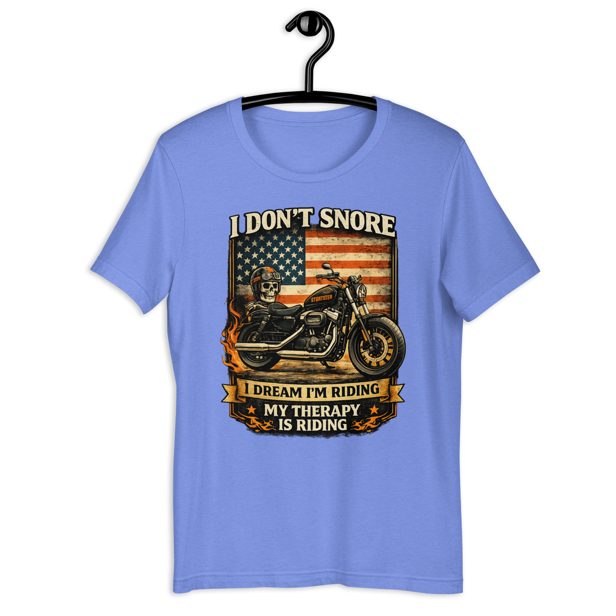 I Don't Snore I Dream I'm Riding Funny Motorcycle Graphic Tee heather columbia blue t-shirt mockup