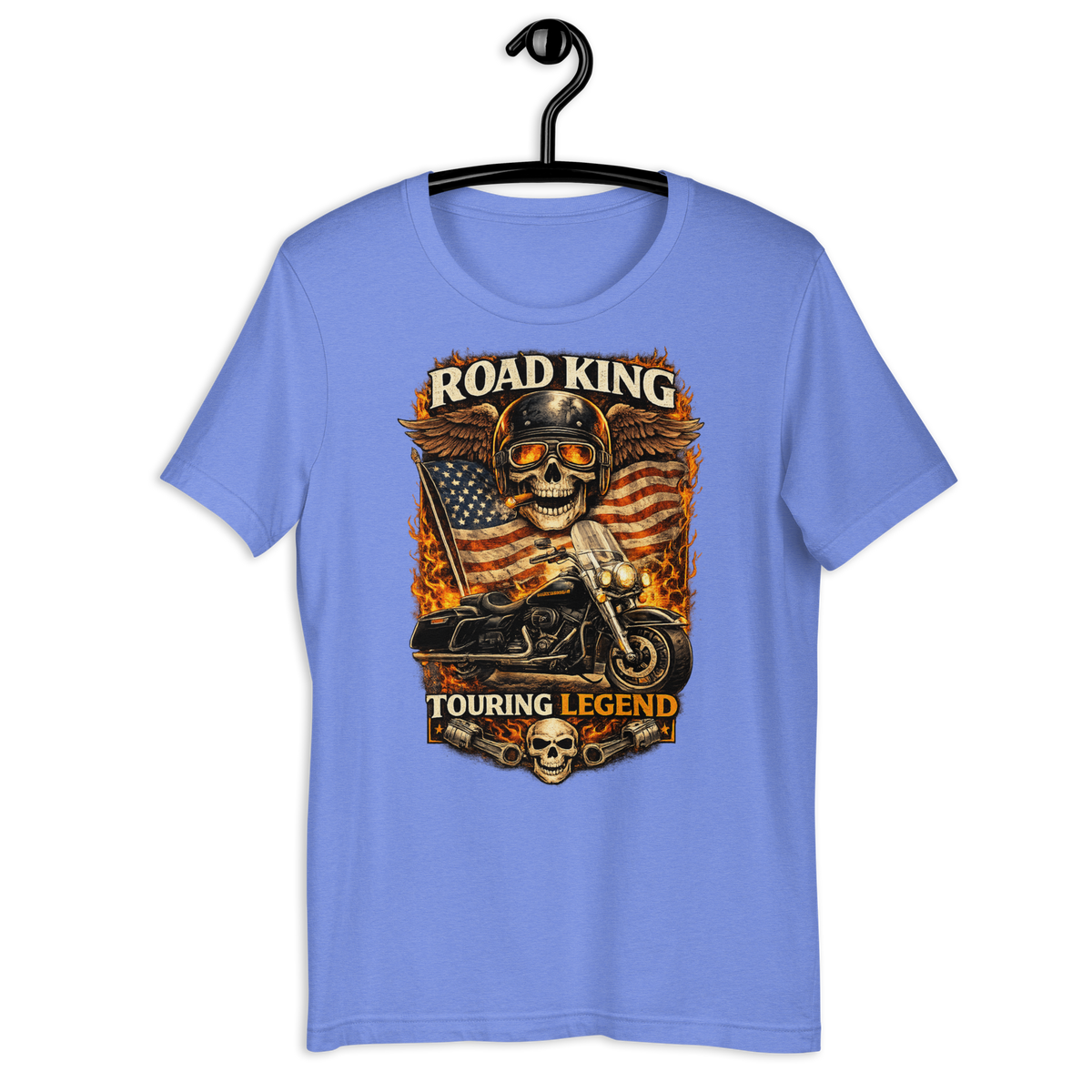 Road King Touring Legend American Flag Motorcycle Graphic Tee heather columbia blue t-shirt mockup