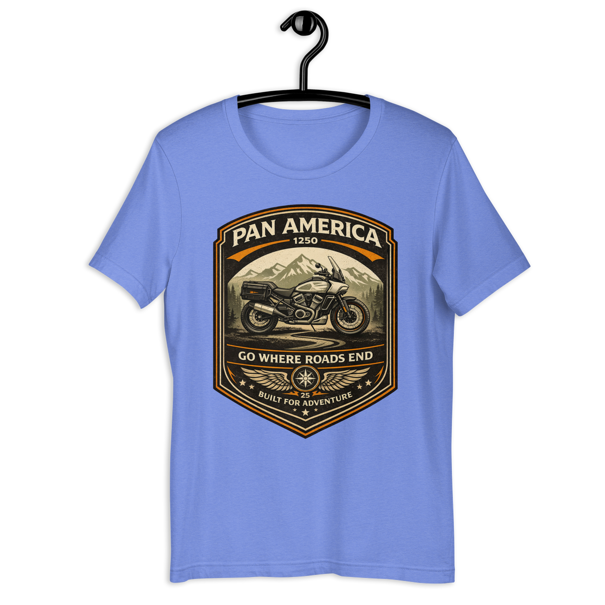 Pan America Go Where Roads End Adventure Motorcycle Graphic Tee heather columbia blue t-shirt mockup
