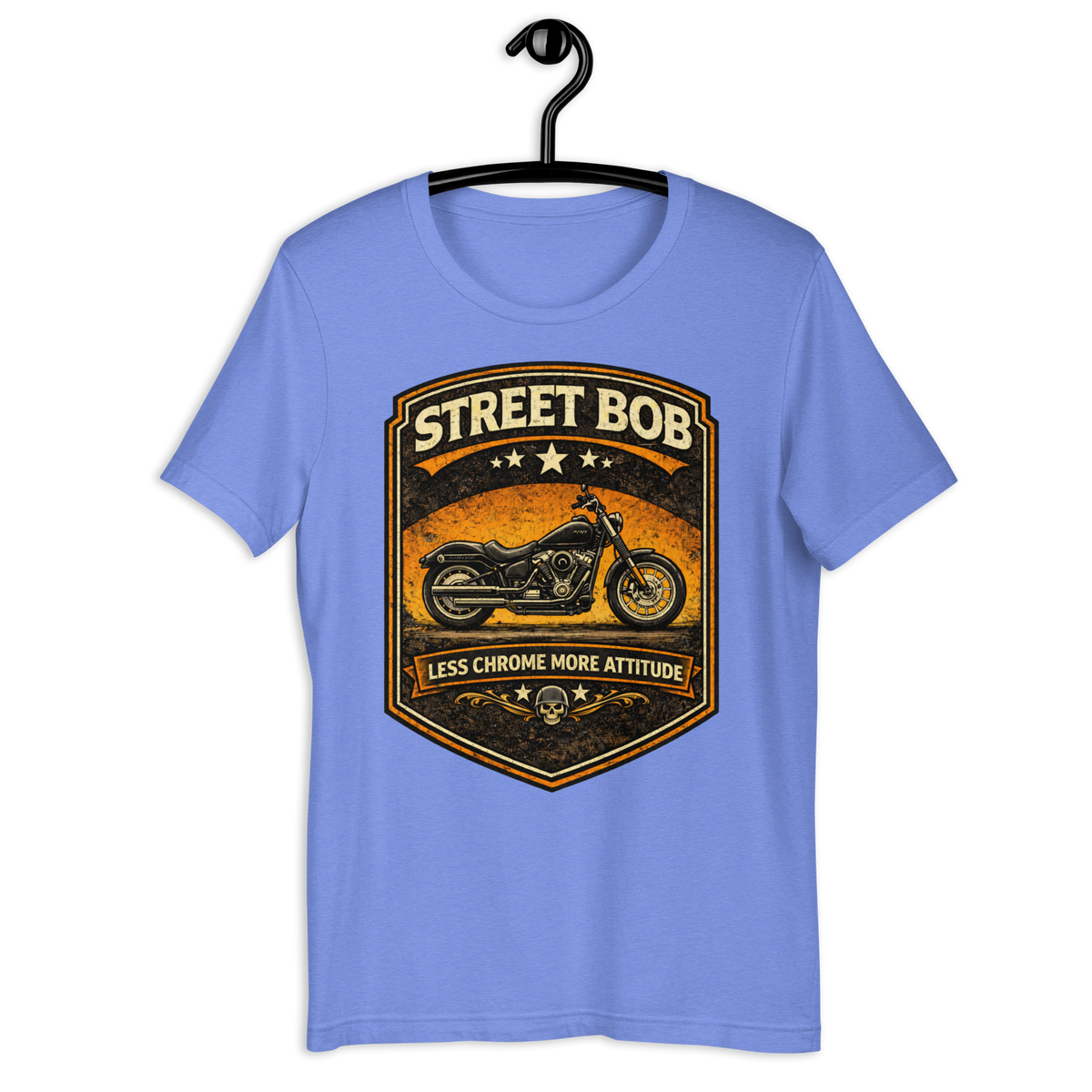 Street Bob Less Chrome More Attitude Motorcycle Graphic Tee heather columbia blue t-shirt mockup