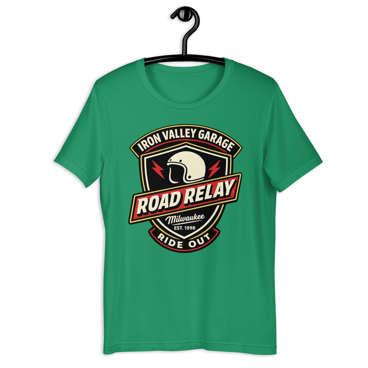 Iron Valley Garage Road Relay Vintage Motorcycle Graphic Tee kelly green t-shirt mockup