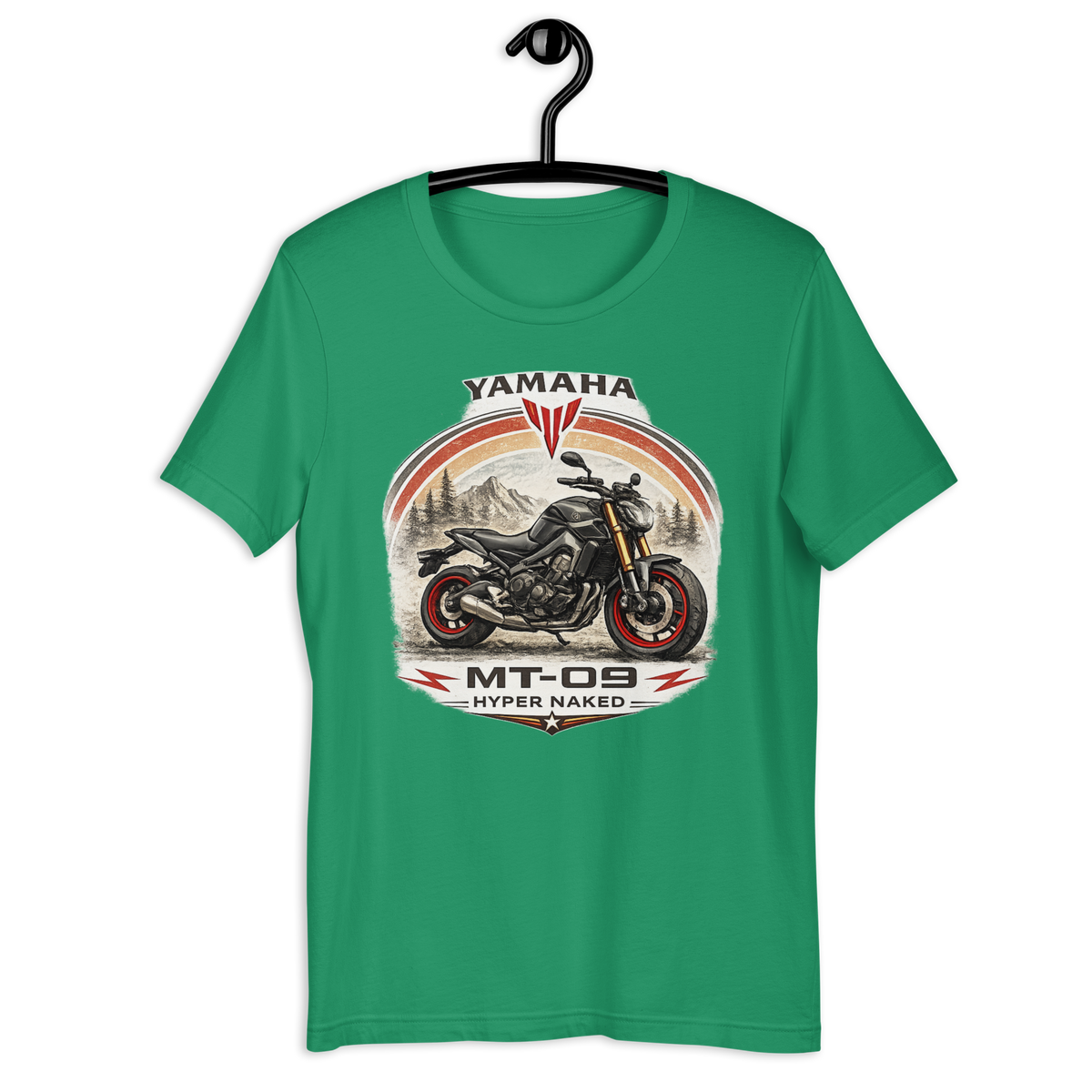 Yamaha MT-09 Hyper Naked Retro Motorcycle Graphic Tee kelly green t-shirt mockup