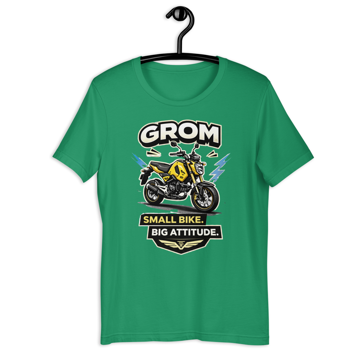 Grom Small Bike Big Attitude Funny Motorcycle Graphic Tee kelly green t-shirt mockup
