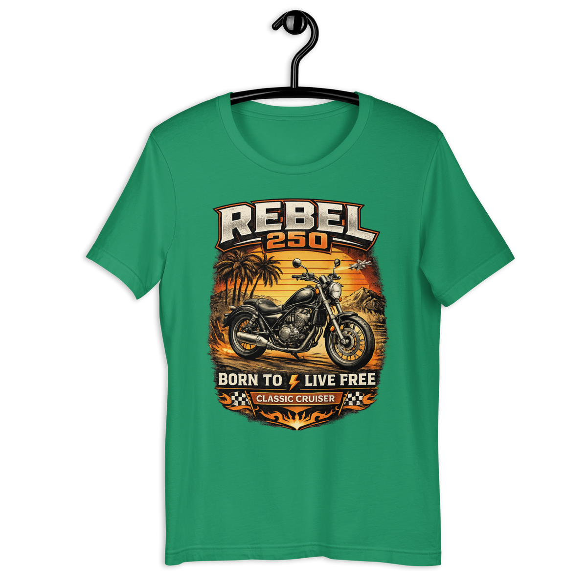 Rebel 250 Ride Fast Live Free Vintage Motorcycle Graphic Tee forest green t-shirt mockup