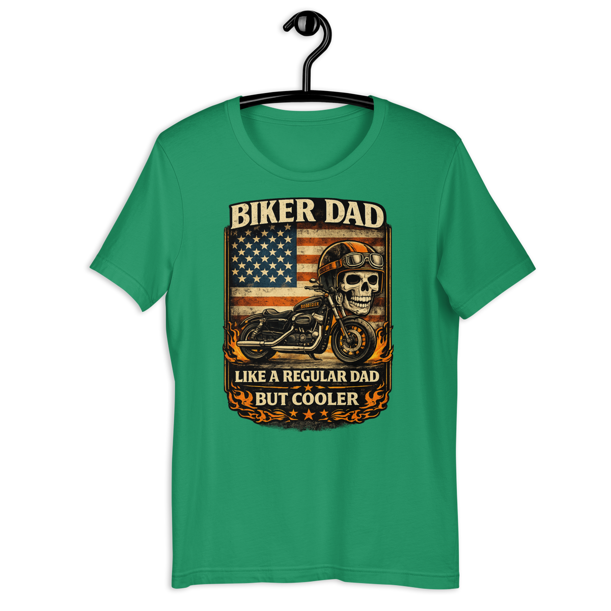 Biker Dad Like A Regular Dad But Cooler Funny Motorcycle Graphic Tee kelly green t-shirt mockup