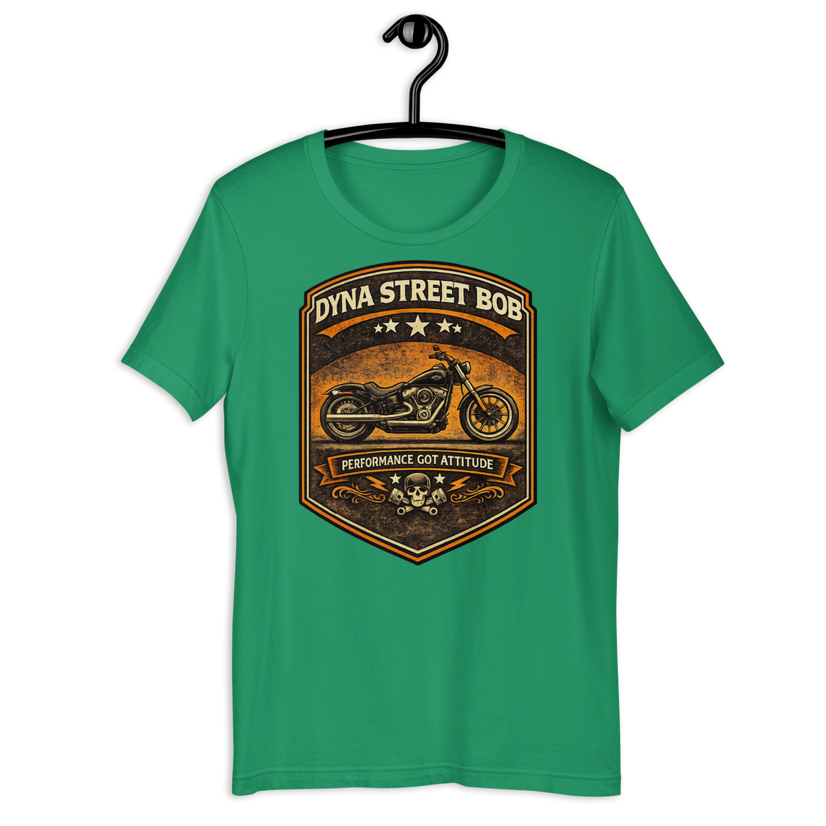 Dyna Street Bob Performance Got Attitude Vintage Motorcycle Graphic Tee kelly green t-shirt mockup