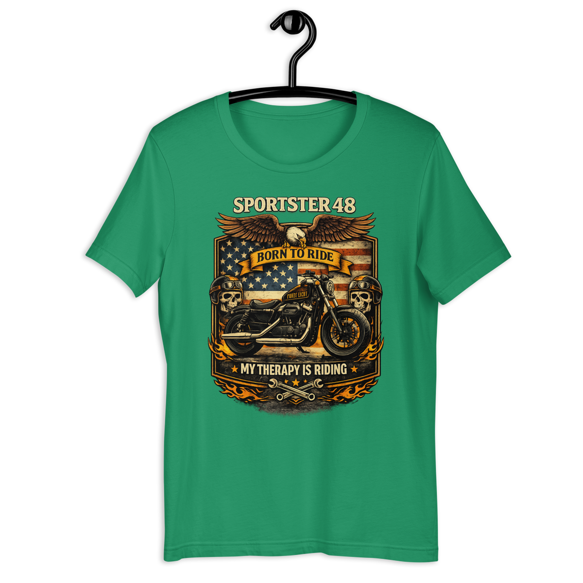 Sportster 48 Born To Ride My Therapy Is Riding Motorcycle Graphic Tee kelly green t-shirt mockup