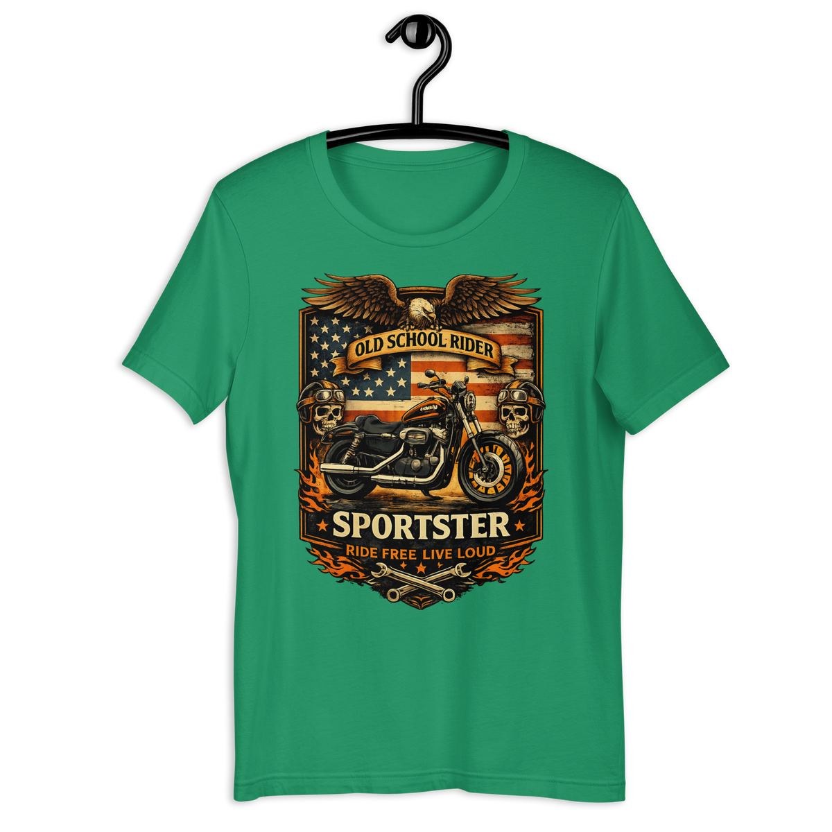 Old School Rider American Flag Motorcycle Graphic Tee kelly green t-shirt mockup