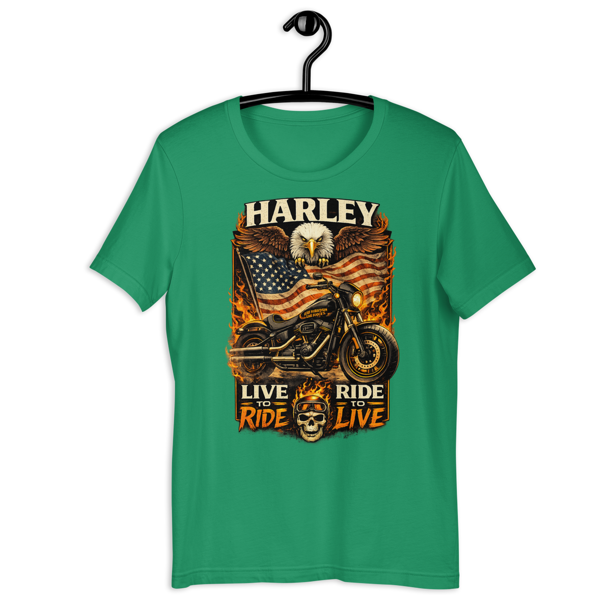 Harley Live Ride Ride Live American Flag Motorcycle Graphic Tee forest green t-shirt mockup