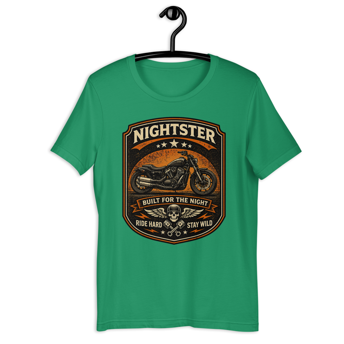 Nightster Built For The Night Ride Hard Stay Wild Motorcycle Graphic Tee kelly green t-shirt mockup