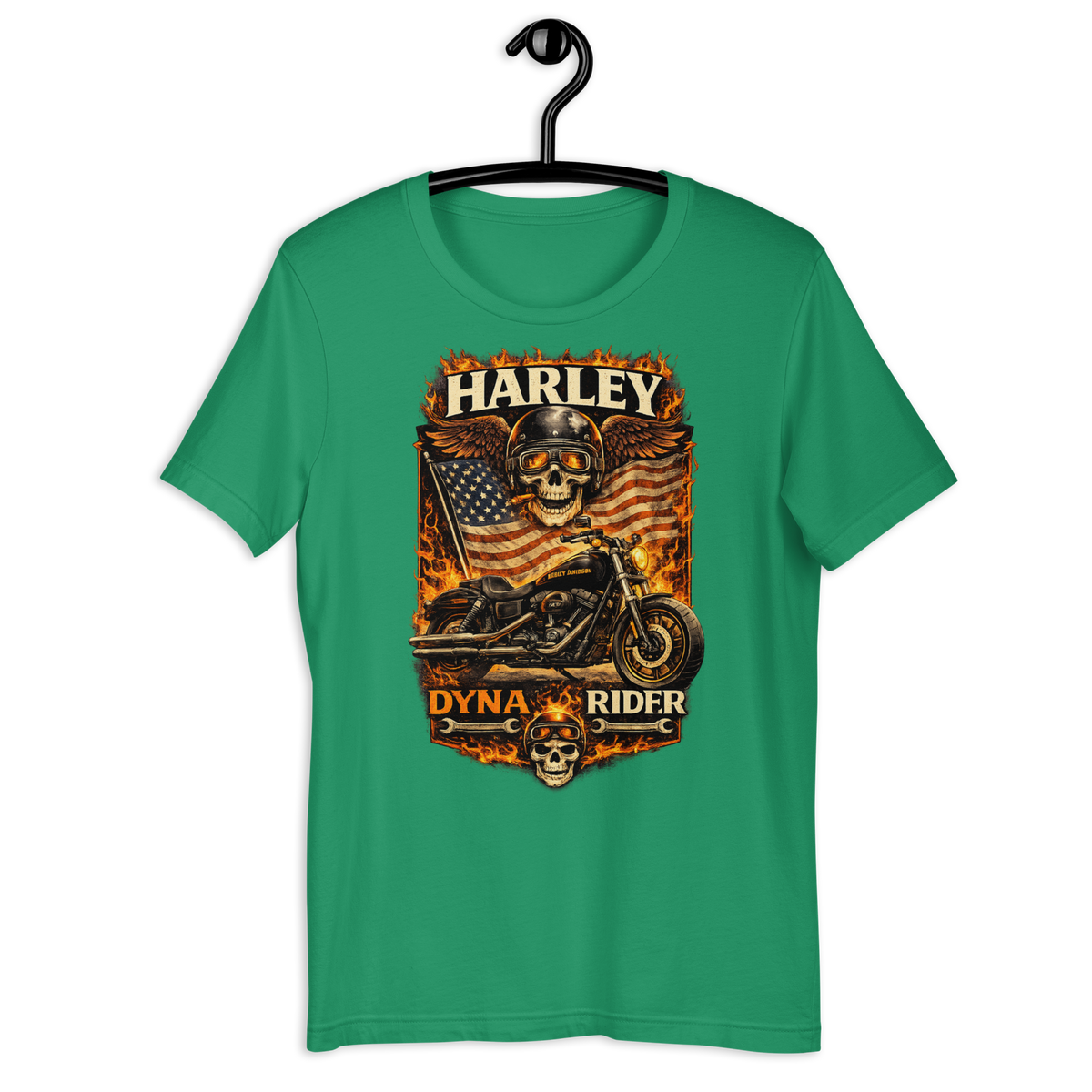 Dyna Rider American Flag Motorcycle Graphic Tee kelly green t-shirt mockup