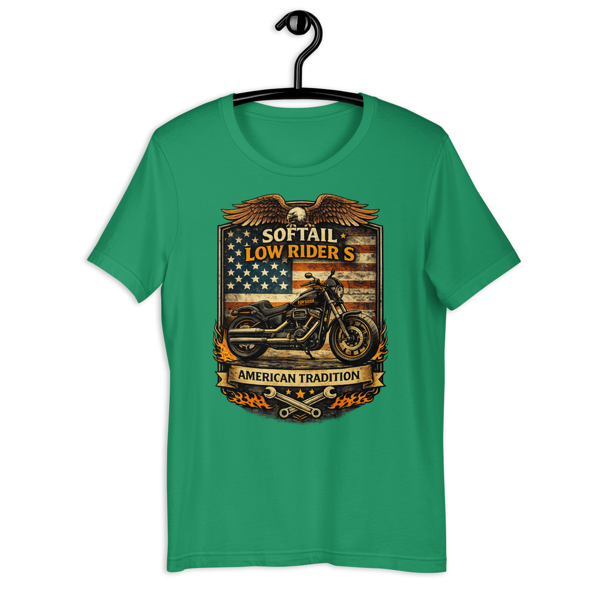 Softail Low Rider S American Tradition Patriotic Motorcycle Graphic Tee kelly green t-shirt mockup
