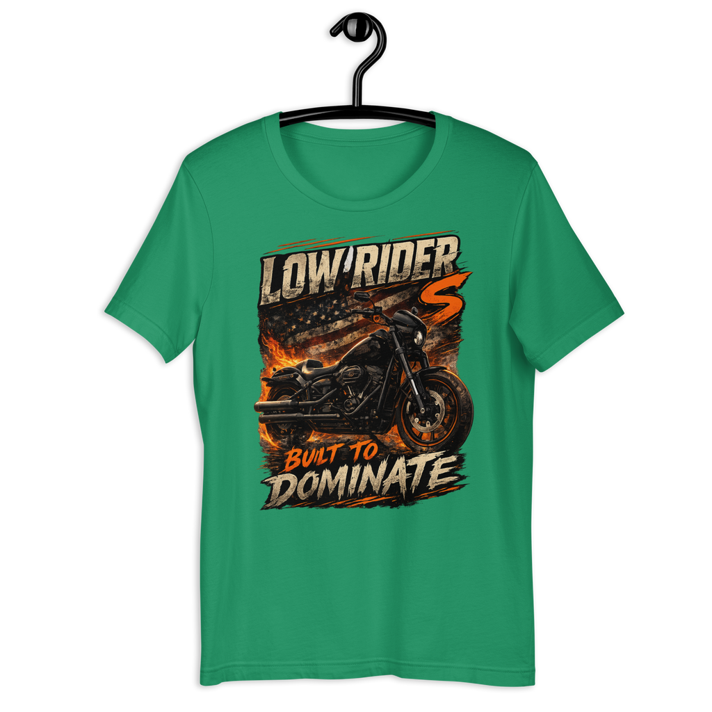 Low Rider S Built To Dominate American Flag Motorcycle Graphic Tee black unisex tee mockup