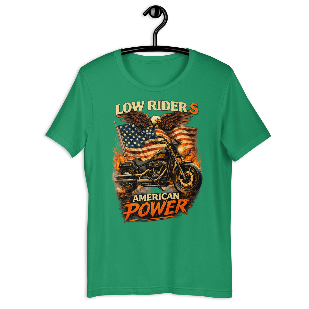 Low Rider S American Power Patriotic Motorcycle Graphic Tee kelly green t-shirt mockup