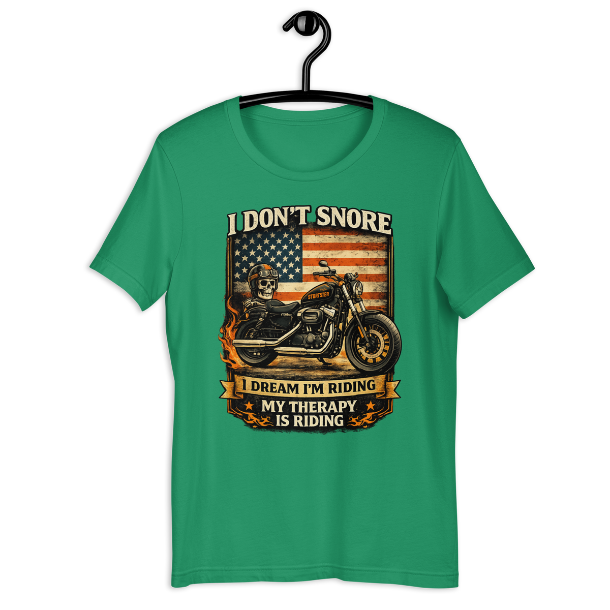 I Don't Snore I Dream I'm Riding Funny Motorcycle Graphic Tee kelly green t-shirt mockup