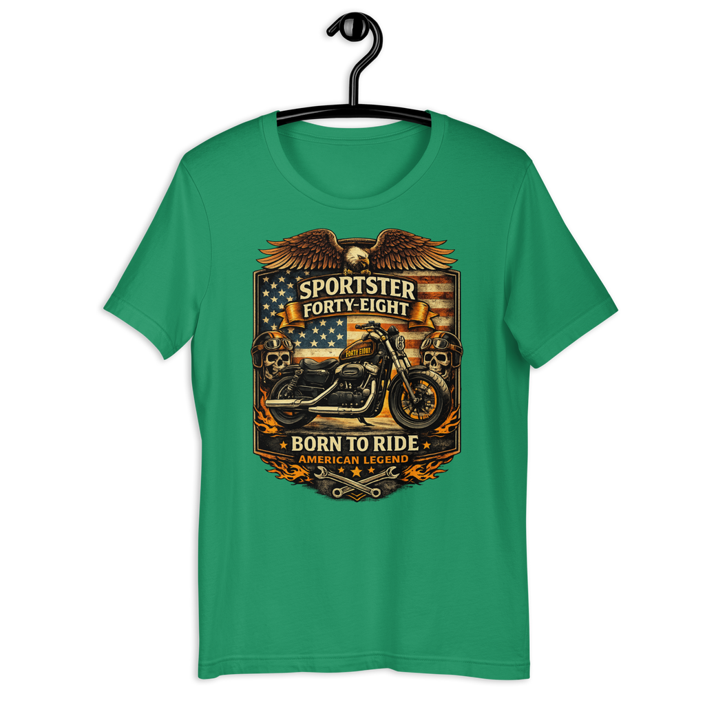 Sportster Forty-Eight Born To Ride American Legend Motorcycle Graphic Tee forest green t-shirt mockup