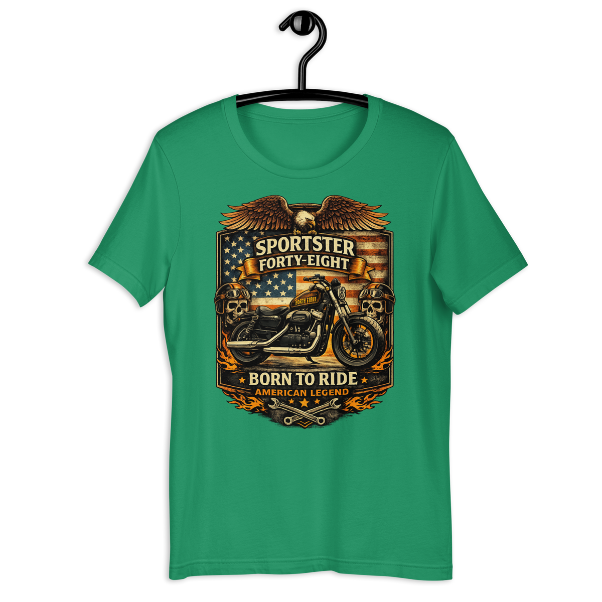Sportster Forty-Eight Born To Ride American Legend Motorcycle Graphic Tee forest green t-shirt mockup