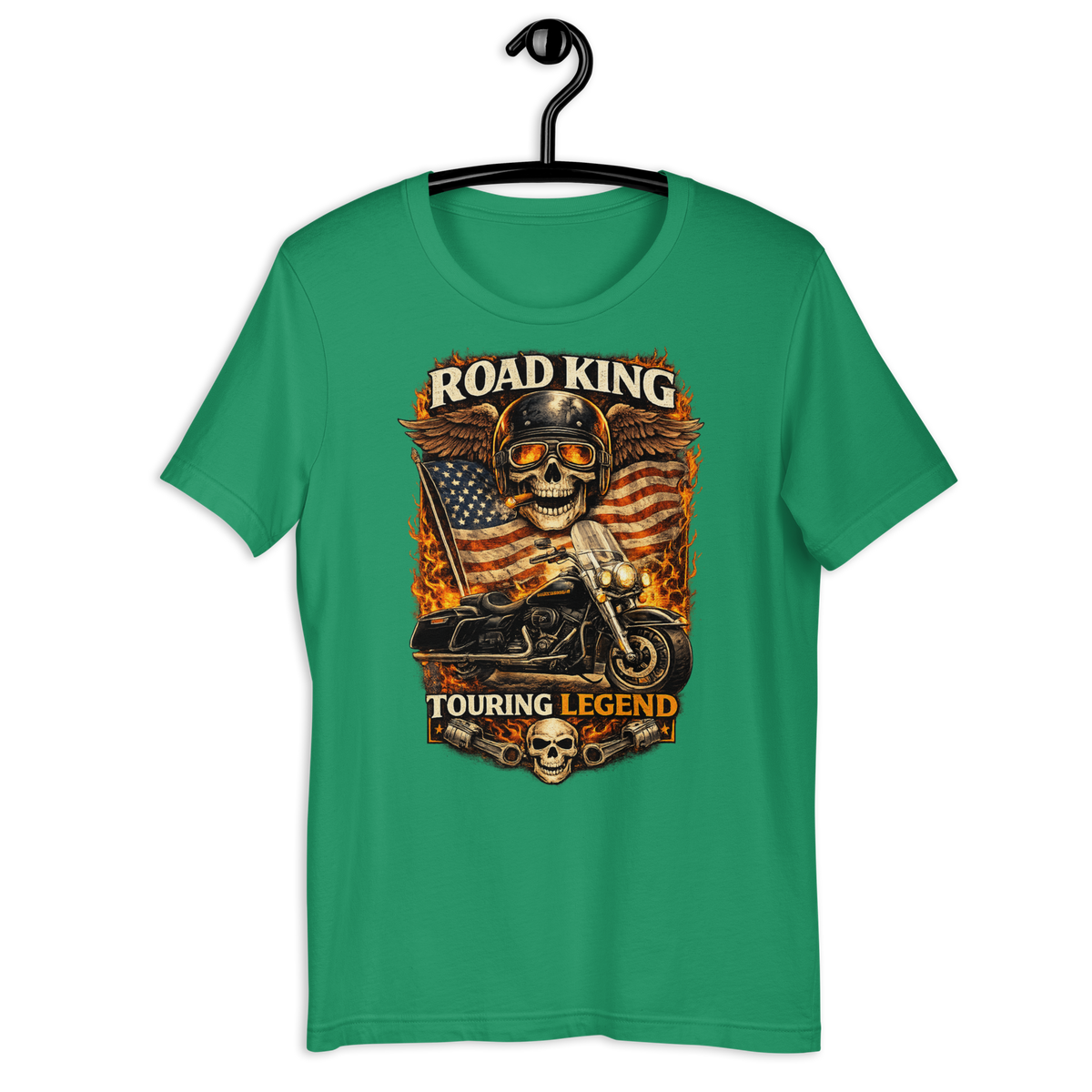 Road King Touring Legend American Flag Motorcycle Graphic Tee kelly green t-shirt mockup