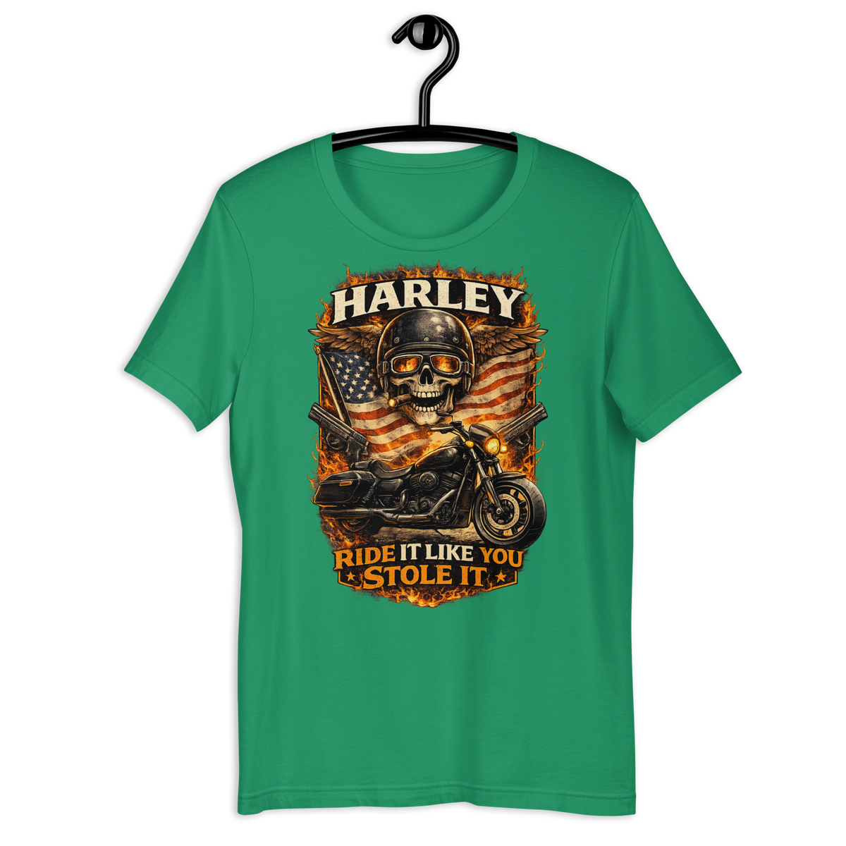 Ride It Like You Stole It Funny Motorcycle Graphic Tee forest green t-shirt mockup