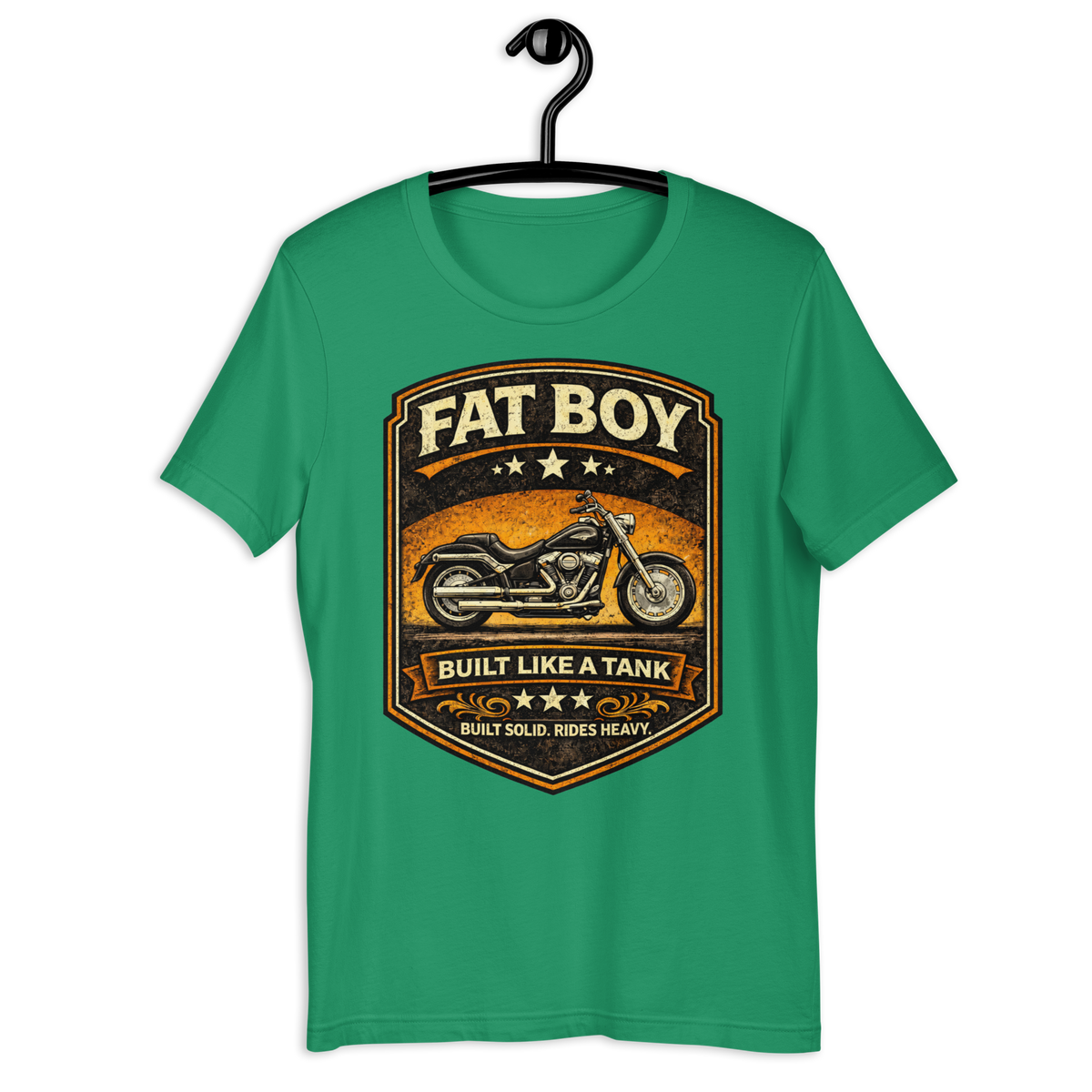Fat Boy Built Like A Tank Motorcycle Graphic Tee forest green t-shirt mockup