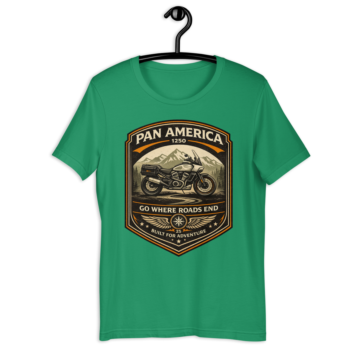 Pan America Go Where Roads End Adventure Motorcycle Graphic Tee kelly green t-shirt mockup