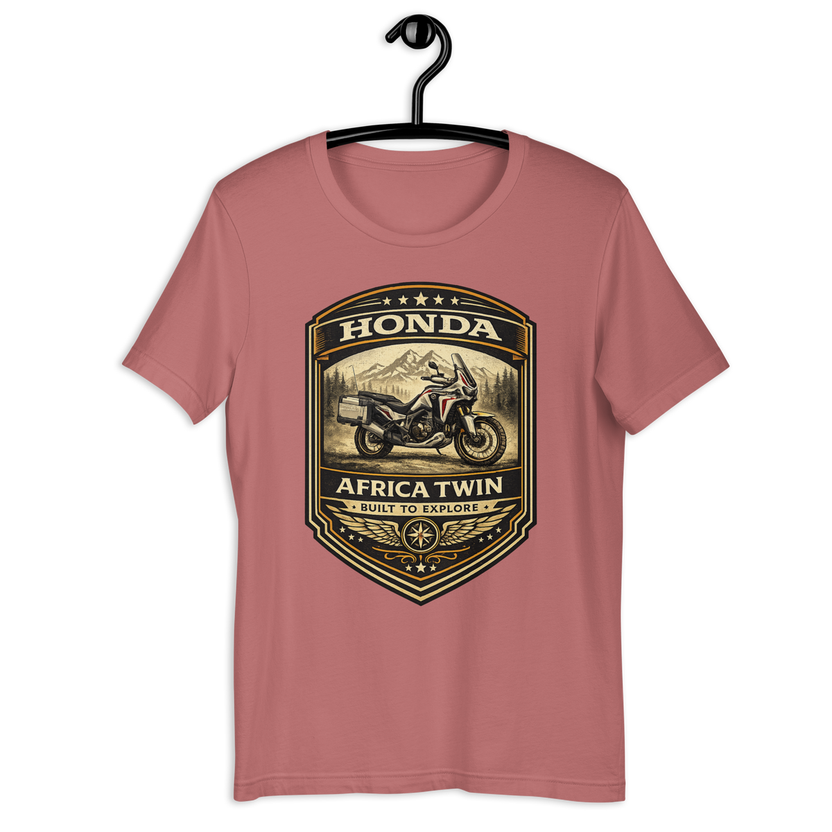Honda Africa Twin Built For Discovery Vintage Motorcycle Graphic Tee mauve t-shirt mockup