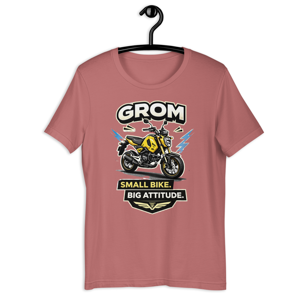 Grom Small Bike Big Attitude Funny Motorcycle Graphic Tee mauve t-shirt mockup
