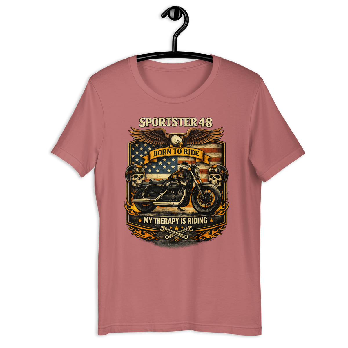 Sportster 48 Born To Ride My Therapy Is Riding Motorcycle Graphic Tee mauve t-shirt mockup