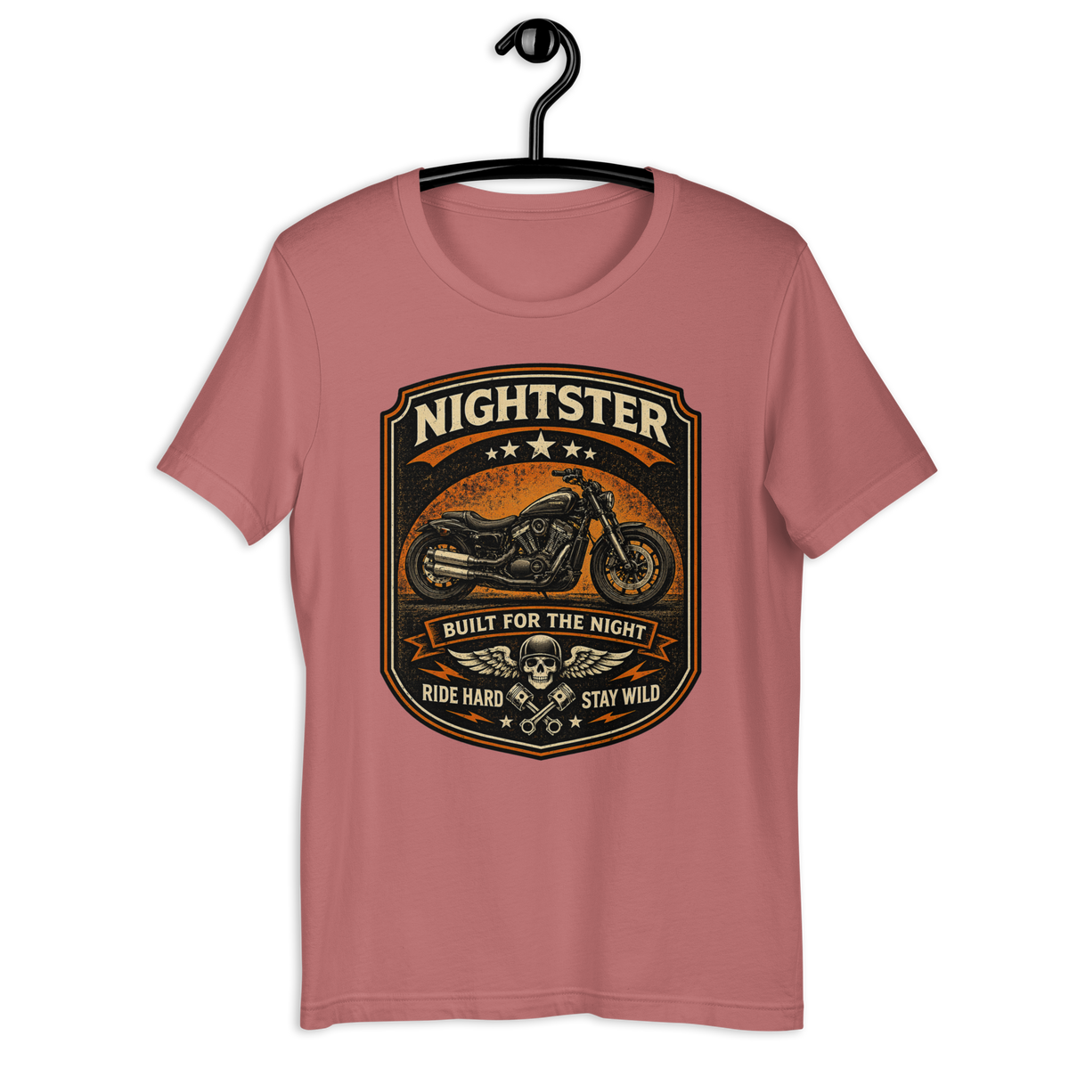 Nightster Built For The Night Ride Hard Stay Wild Motorcycle Graphic Tee mauve t-shirt mockup