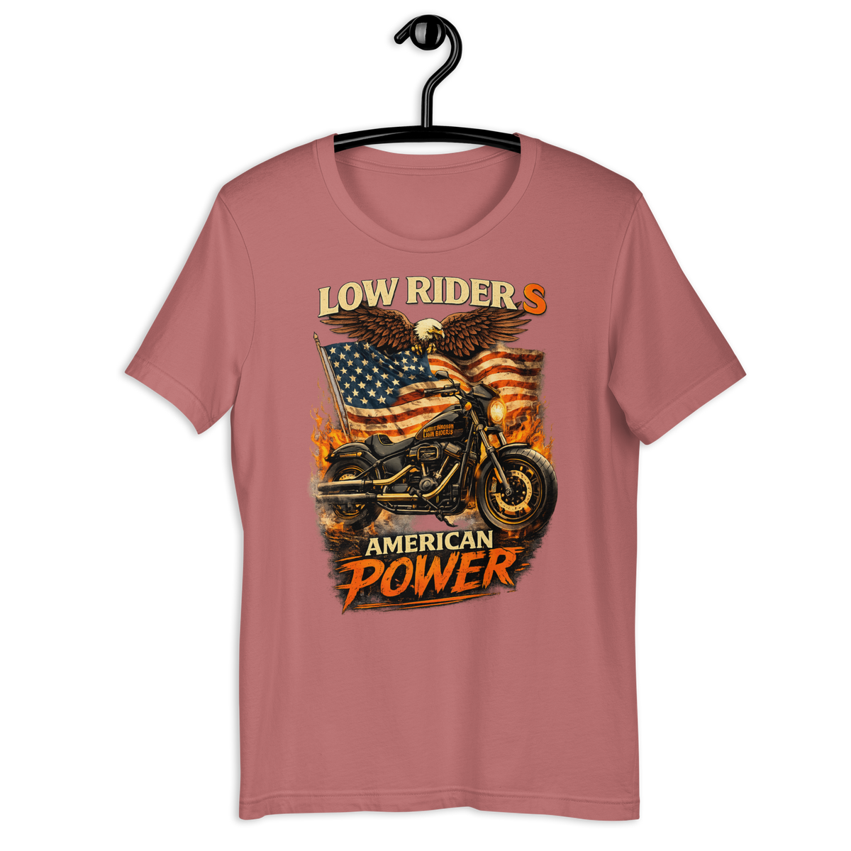 Low Rider S American Power Patriotic Motorcycle Graphic Tee mauve t-shirt mockup