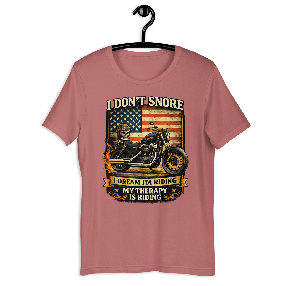 I Don't Snore I Dream I'm Riding Funny Motorcycle Graphic Tee mauve t-shirt mockup