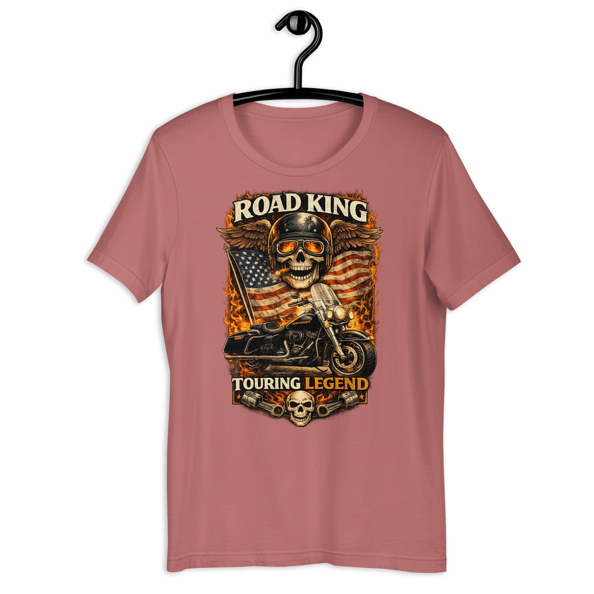 Road King Touring Legend American Flag Motorcycle Graphic Tee mauve t-shirt mockup
