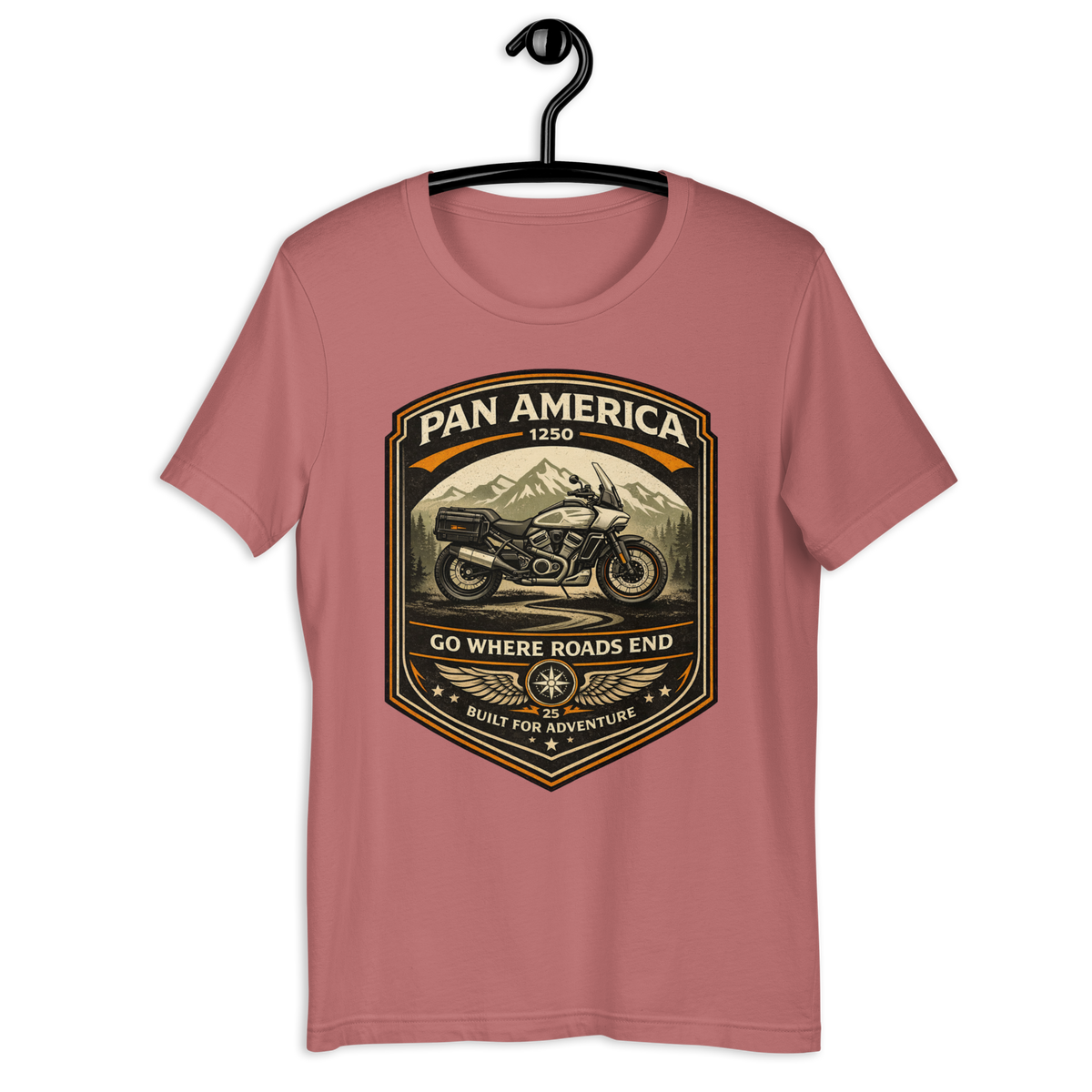 Pan America Go Where Roads End Adventure Motorcycle Graphic Tee mauve t-shirt mockup